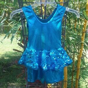 CURTAIN CALL Dance Costume Child Sz CSM Teal Blue Leotard Skirt Shorts E2167